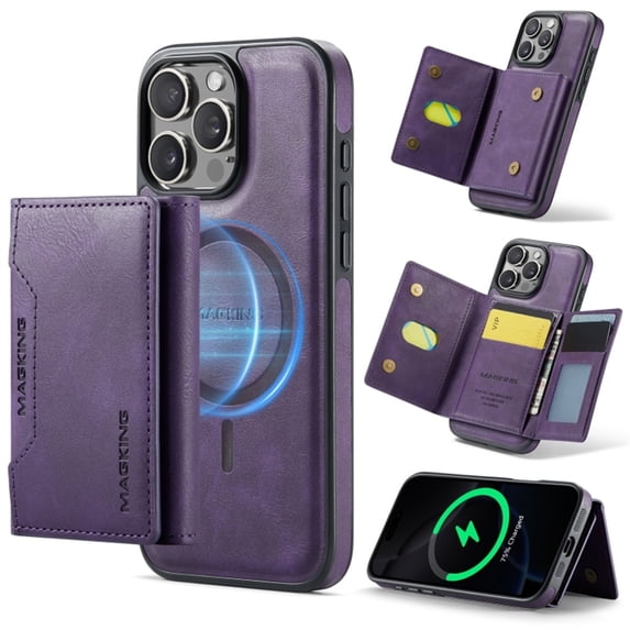 MAGKING Case For iPhone 16 Pro Max, RFID Blocking, PU Leather,Compatible With MagSafe Detachable 2 In 1 Wallet With Multi-Card Slots,Magnetic Protective Cover,Purple,For iPhone 16 Pro Max