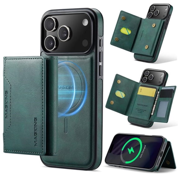 MAGKING Case For iPhone 17 Pro , RFID Blocking, PU Leather,Compatible With MagSafe Detachable 2 In 1 Wallet With Multi-Card Slots,Magnetic Protective Cover,Green,For iPhone 17 Pro