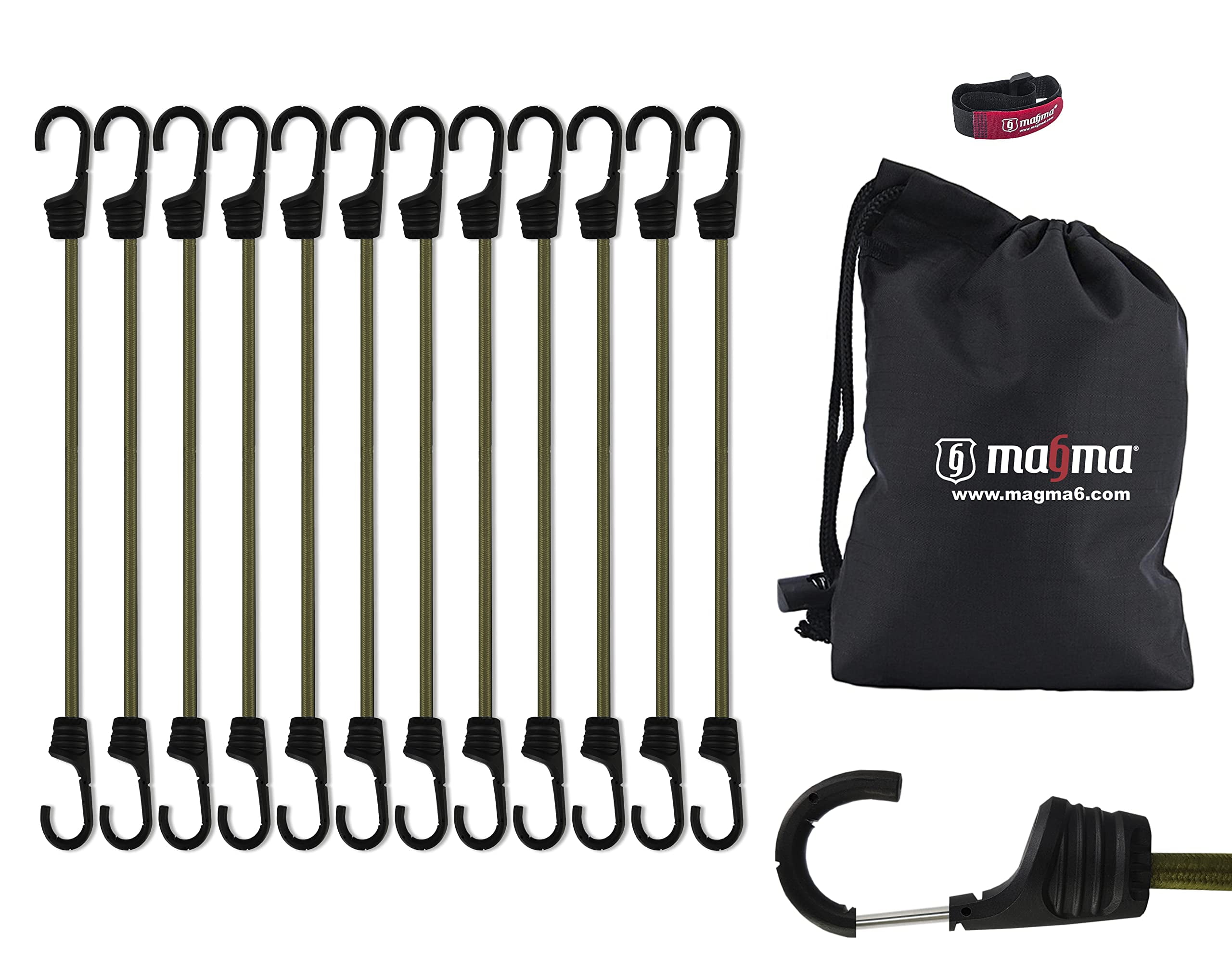 MAGMA 12 Bungee Cords Pack 1ft Max. Strength 153lbs Heavy Duty Cable Car Truck Trailer Ties Securing Cargo Tarpaulins Luggage Straps Camping Military Outdoor Elastic Cord Tool Green Walmart