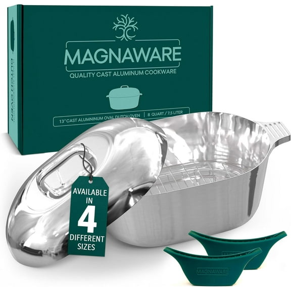 MAGNAWARE Cast Aluminum Oval Dutch Oven with Lid — 8 QT Heavy Duty Roaster Pan with Rack & Silicone Cover Dual Handles — Cajun Cookware for Roasting, Baking, Cooking (13" Medium)