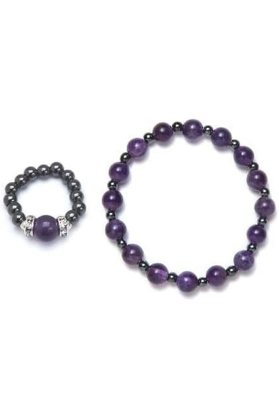 Black - Amethyst Magnetic Stretch Ring and Bracelet Set (Small) - Promotes Wellness and Balance, Stylish and Therapeutic Jewelry
