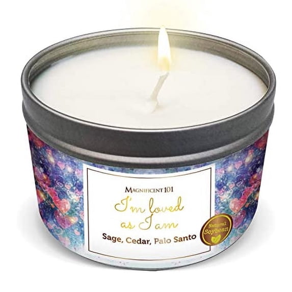 MAGNIFICENT 101 Affirmations Sage, Cedar, Palo Santo, Sprinkle of sage Leaves Smudge Candle for House Energy Cleansing, Banishes Negative Energy - Natural Soy Wax Tin Candle (I´M Loved AS I AM)