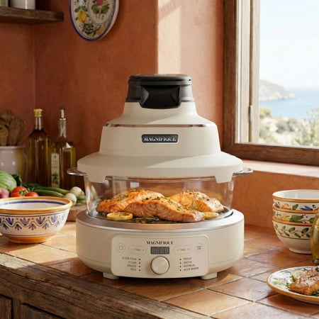 Magnifique 2-in-1 Glass Air Fryer & Multi Cooker Combo with 4.5QT Glass Pot, Visible Cooking Pot, Oatmeal Color