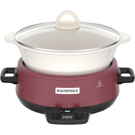 MAGNIFIQUE Small 5 Quart Round Casserole Programmable Slow Cooker with Glazed Ceramic Liner, Food Warmer Perfect Kitchen Small Appliance for Family Dinners, Red