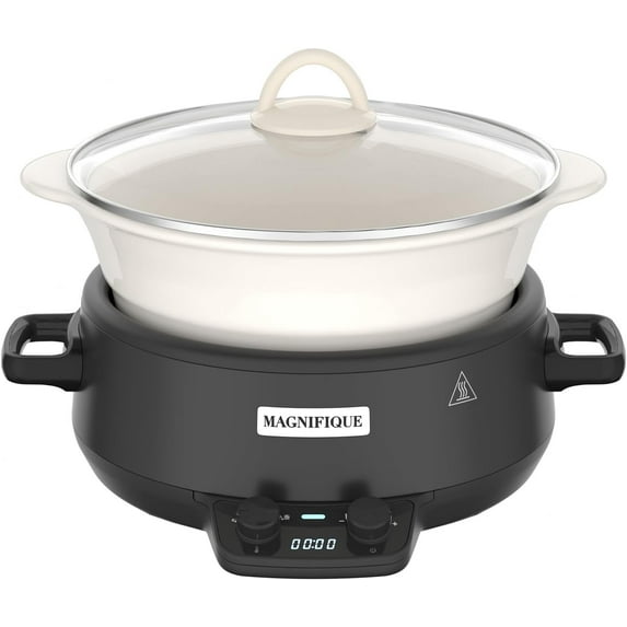 MAGNIFIQUE Small 5 Quart Round Casserole Programmable Slow Cooker with Glazed Ceramic Liner, Food Warmer Perfect Kitchen Small Appliance for Family Dinners, Black