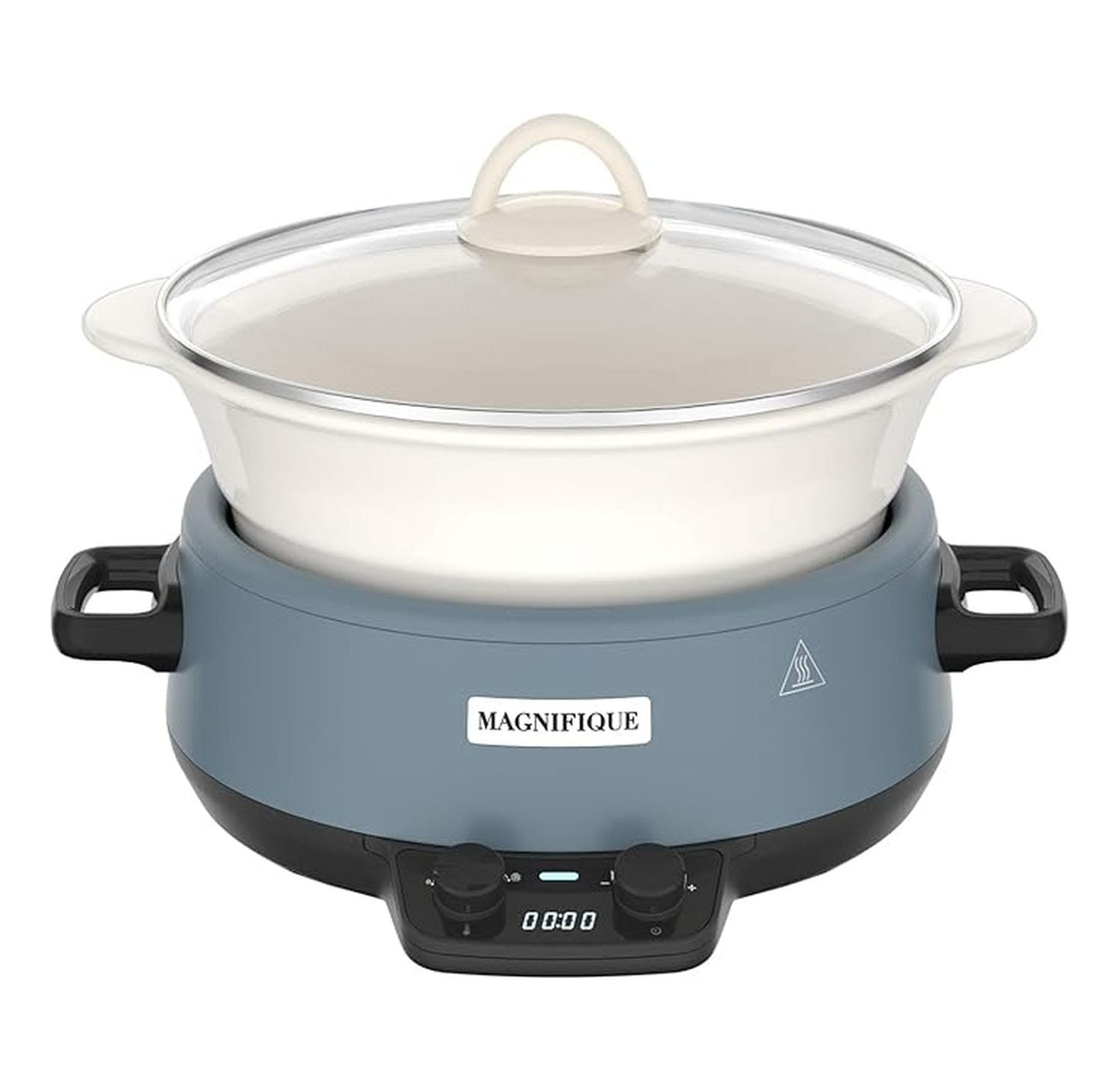 MAGNIFIQUE Small 5 Quart Round Casserole Programmable Slow Cooker with Glazed Ceramic Liner, Food Warmer Perfect Kitchen Small Appliance for Family Dinners, Blue