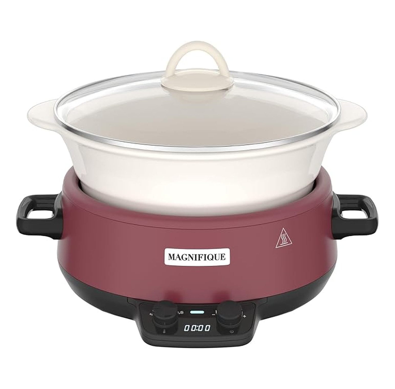 MAGNIFIQUE 5 Quart Programmable Slow Cooker with Auto Warm Setting, Glazed Ceramic Liner, Kitchen Small Appliance for Family Dinners, Red