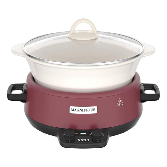 MAGNIFIQUE 5 Quart Programmable Slow Cooker with Auto Warm Setting, Glazed Ceramic Liner, Kitchen Small Appliance for Family Dinners, Red