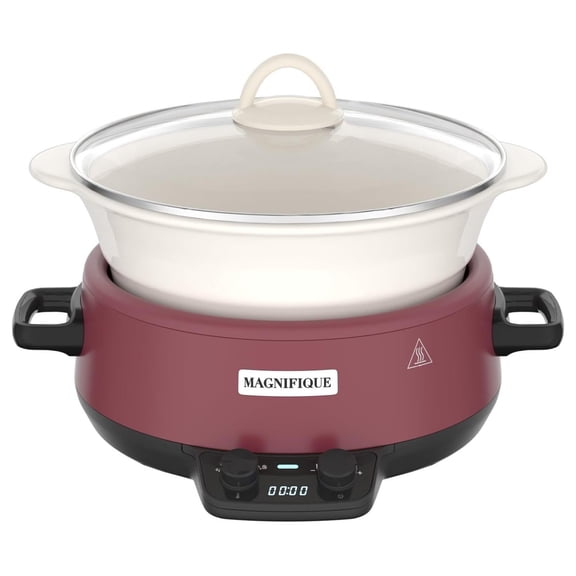 MAGNIFIQUE Small 5 Quart Round Casserole Programmable Slow Cooker with Glazed Ceramic Liner, Food Warmer Perfect Kitchen Small Appliance for Family Dinners, Red