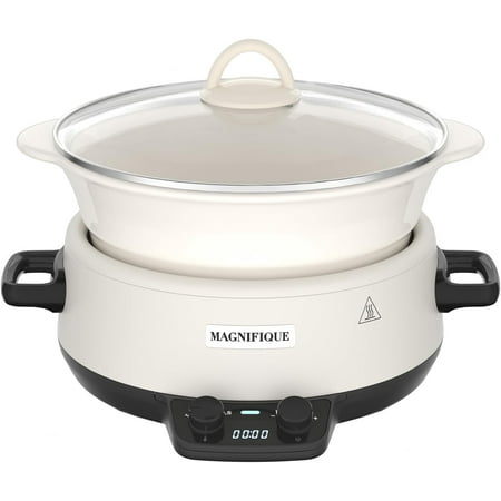 MAGNIFIQUE Small 5 Quart Round Casserole Programmable Slow Cooker with Glazed Ceramic Liner, Food Warmer Perfect Kitchen Small Appliance for Family Dinners, White