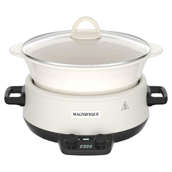 MAGNIFIQUE Small 5 Quart Round Casserole Programmable Slow Cooker with Glazed Ceramic Liner, Food Warmer Perfect Kitchen Small Appliance for Family Dinners, White 5 QT White New