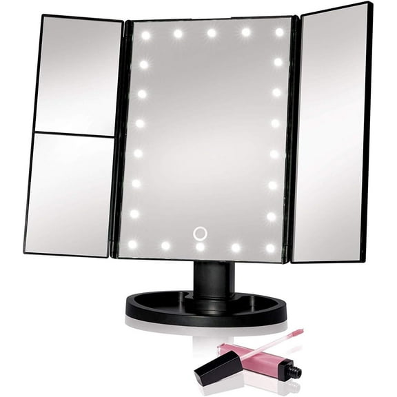 Superstar Tri-Fold LED Makeup Mirror 22 Light Touch Dimmable USB Magnifying Black
