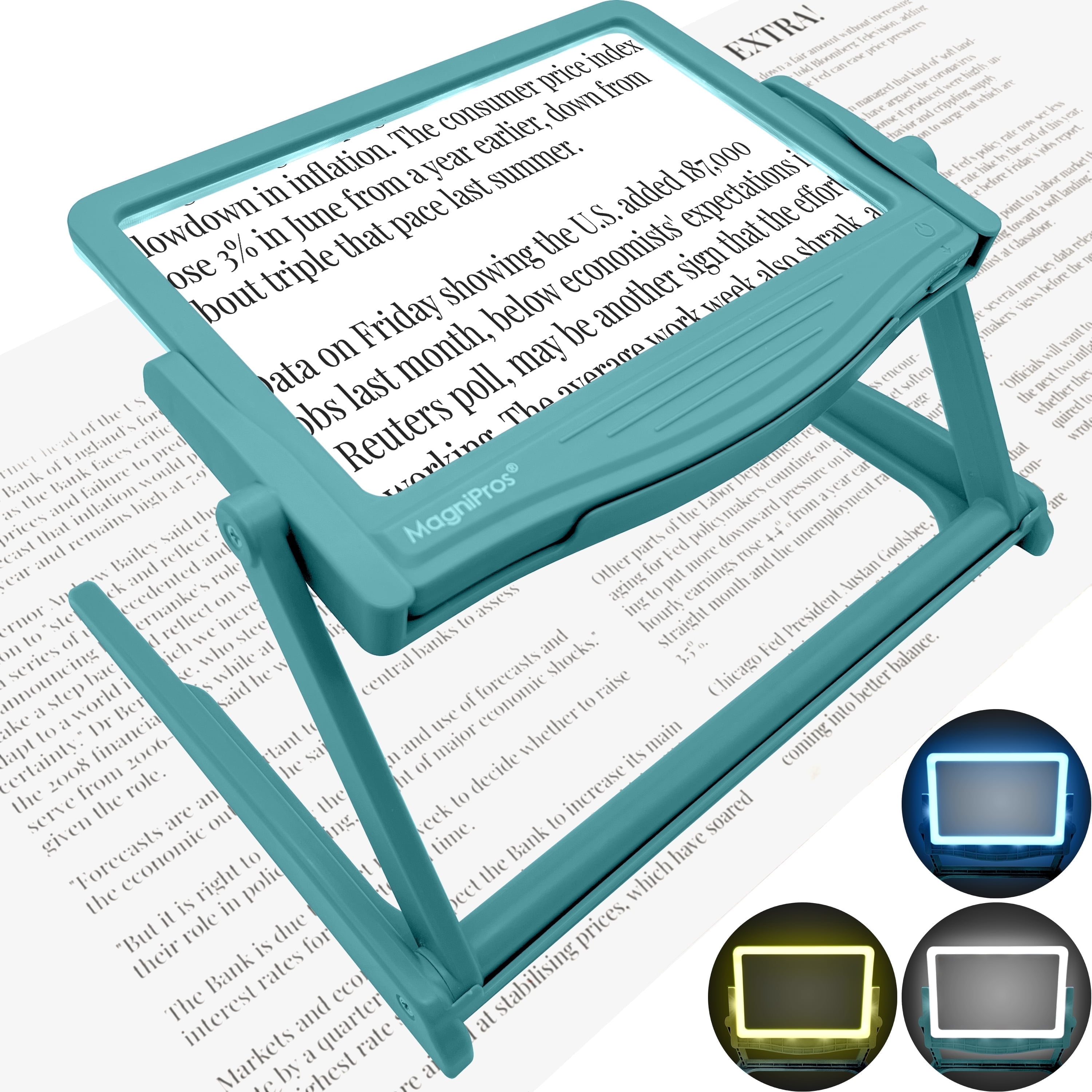 MAGNIPROS 5X Large LED Full Page Magnifying Glass with Collapsible Hands-Free Stand & 3 Color Modes to Reduce Eye Strain, Ideal for Reading Small Prints, Crafting, Low Vision & Seniors
