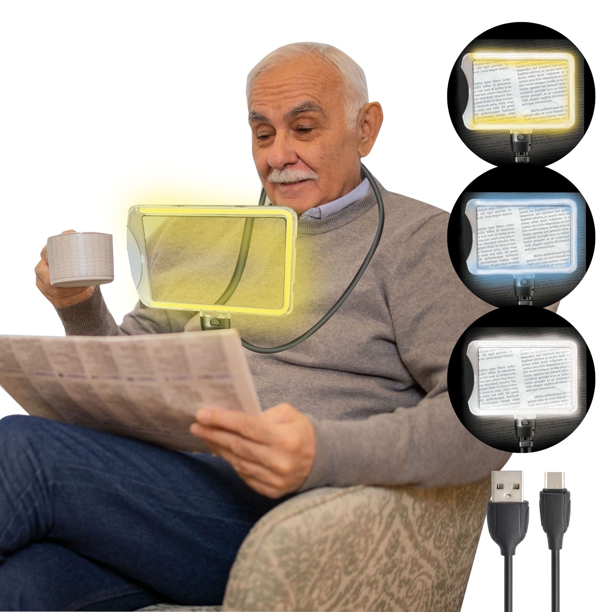 MAGNIPROS Flexible Goose-Neck Page Magnifier with 3 Color Light Modes | 4X & 6X Interchangeable Lenses | Hands Free Magnifying Glass with Light for Reading Fine Print, Low Vision & Seniors