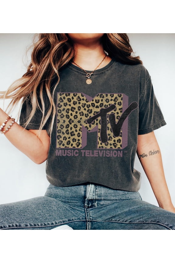 MTV Classic Leopard Print Logo Shirt for Women - Retro 80s 90s Style Tee, Navy 2XL