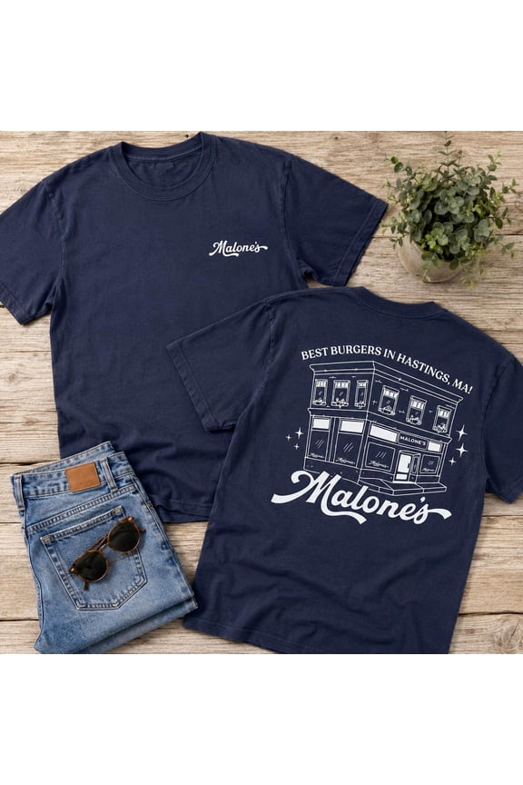Malone's Bar Off Campus Unisex T-Shirt, Briar U Hockey Romance Tee, Best Burgers Hastings MA, Bookish Gift, Navy S