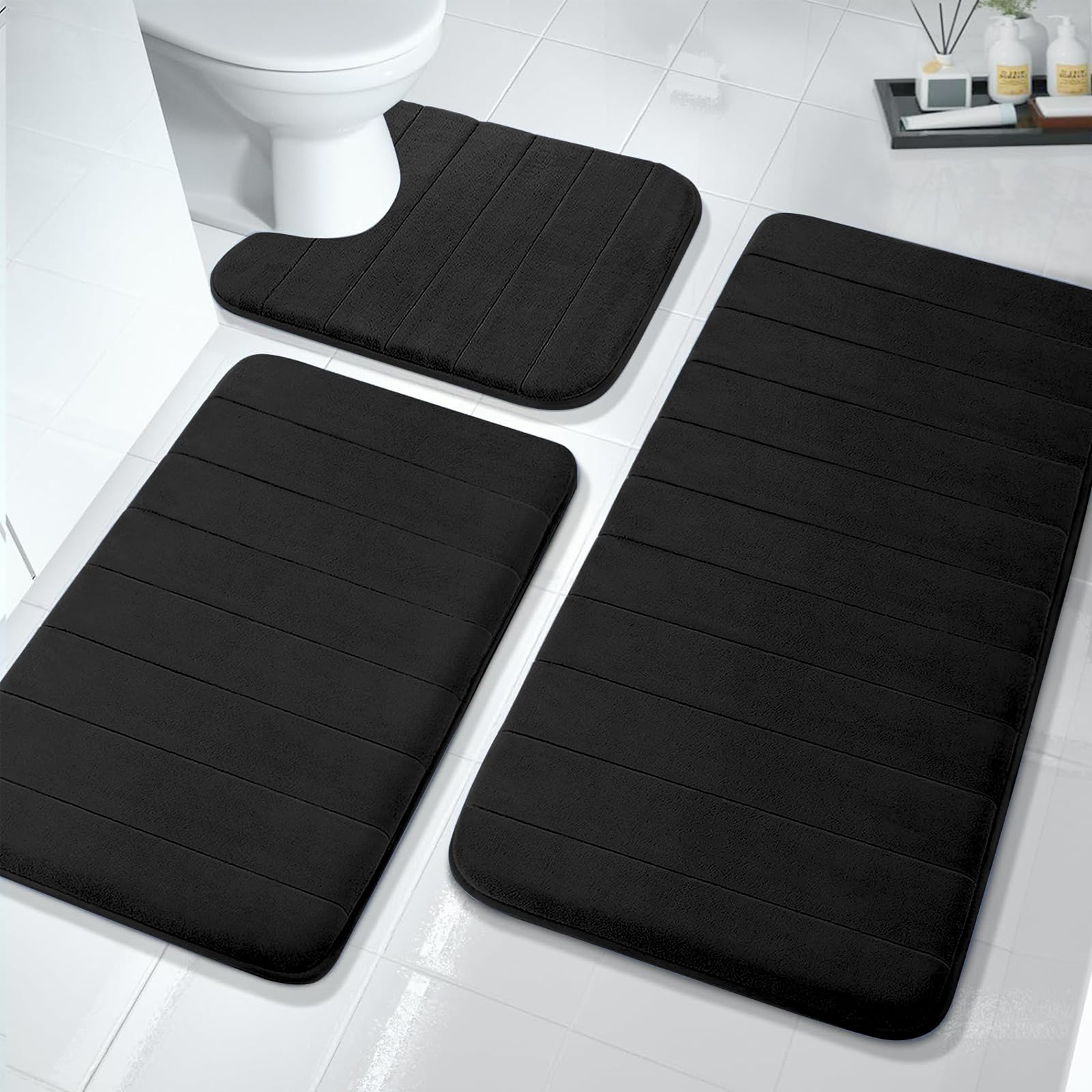 ABPHQTO Peony And Roses Black White Stripes Flower 3 Piece Bathroom Rugs Set Bath Rug Contour ...