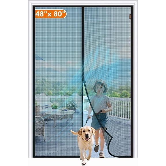 MAGZO Magnetic Screen Door Fit Door Size 48 x 80 Inch, Screen Size 50" x 81" Strong Magnet Mesh with Reinforced Hook & Loop for French, Sliding and Patio Entrances, Black