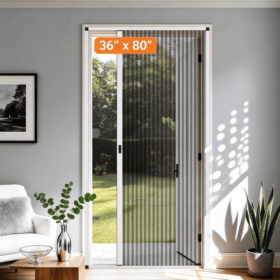MAGZO Retractable Screen Door, 36" x 80", Aluminum Frame, Magnetic Removable, White