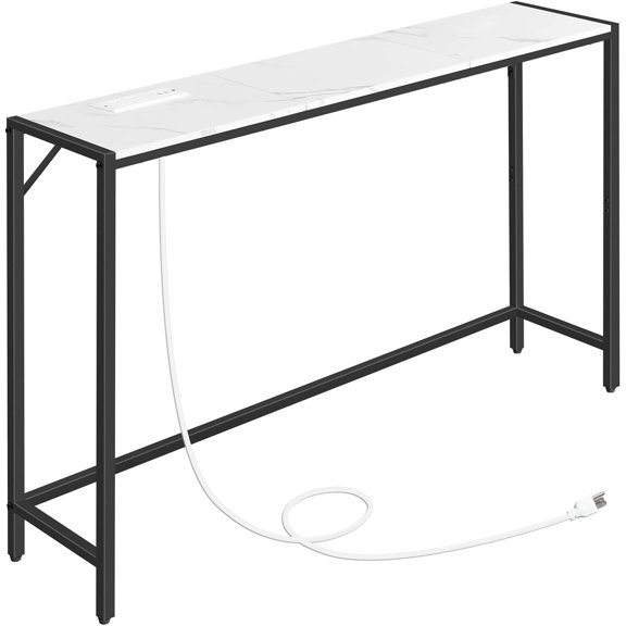 MAHANCRIS Console Table, Narrow Sofa Table Behind Couch, 43.3” Entrance Table with Power Station, Simple Style, for Living Room, Hallway, Entryway, Foyer, Marble and Black CTHM112E01