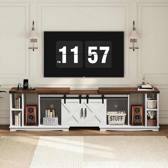 MAHANCRIS Extendable TV Stand for TVs up to 85", 3-in-1 Entertainment Center with Power Outlet, Farmhouse TV Stand with Removable Side Tables, for Living Room, Bedroom, White and Brown TVBZ22E01