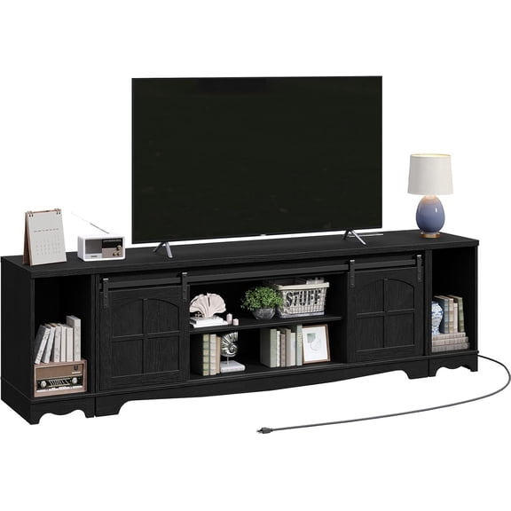 MAHANCRIS Farmhouse TV Stand for 85" Inch TV, Entertainment Center with Charging Station and Sliding Barn Doors, Modern Media TV Console Table for Living Room, Bedroom, Black TVBK20E01