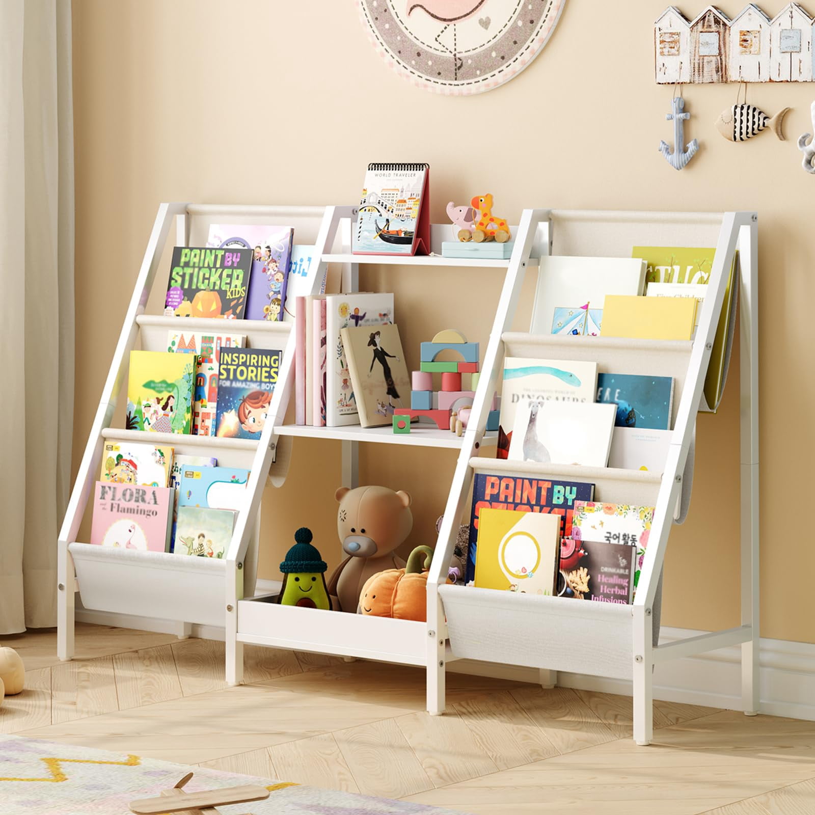 Homeiju Kids Bookshelf & Toy Organizer - 3-Tier Sling Shelves With 2 Bins, White (33.1"W X 30.4"H)
