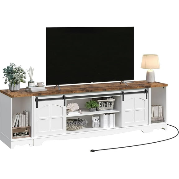 MAHANCRIS TV Stand for 85 inch TV, Entertainment Center with Charging Station and Sliding Barn Doors, Modern Media TV Console Table for Living Room, Bedroom, White and Rustic Brown TVBR20E01