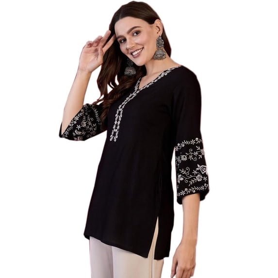 MAHIRA 's COMFORT Embroidered Kurti for Women | Indian Women's Tunics Tops | Printed Rayon Top with Bell Sleeves | Regular Fit Kurta Shirt Top for Ladies | Black-XL