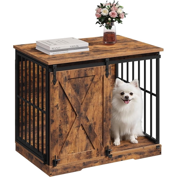 MAHNACRIS 31.5" Farmhouse Crate Furniture with Barn Door, Heavy Duty Kennel for Small Medium Dogs, Wooden Cage End Table, Decorative Pet House, Resistant, Rustic Brown DCHR8001