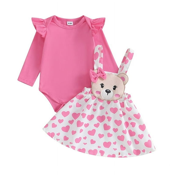 Frobukio Baby Girl´s 2 Piece Outfits Long Sleeve Crewneck Ruffle Romper Heart Print Suspender Skirt Set