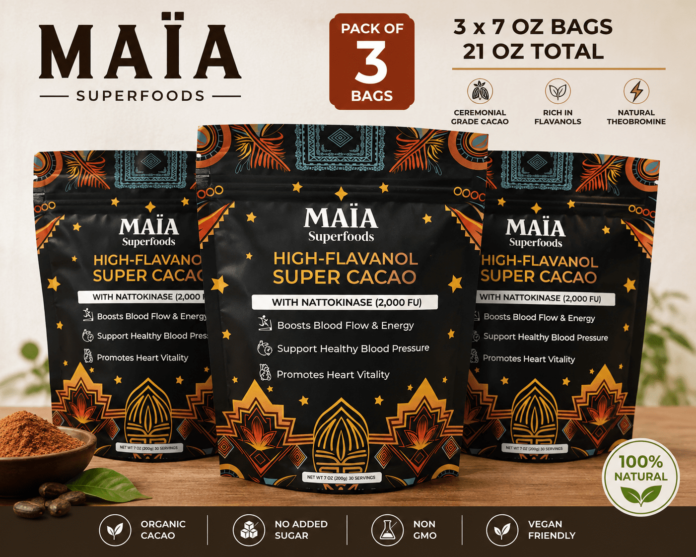 MAIA Ceremonial Cacao Powder, 7 oz Each, Pack of 3, Organic