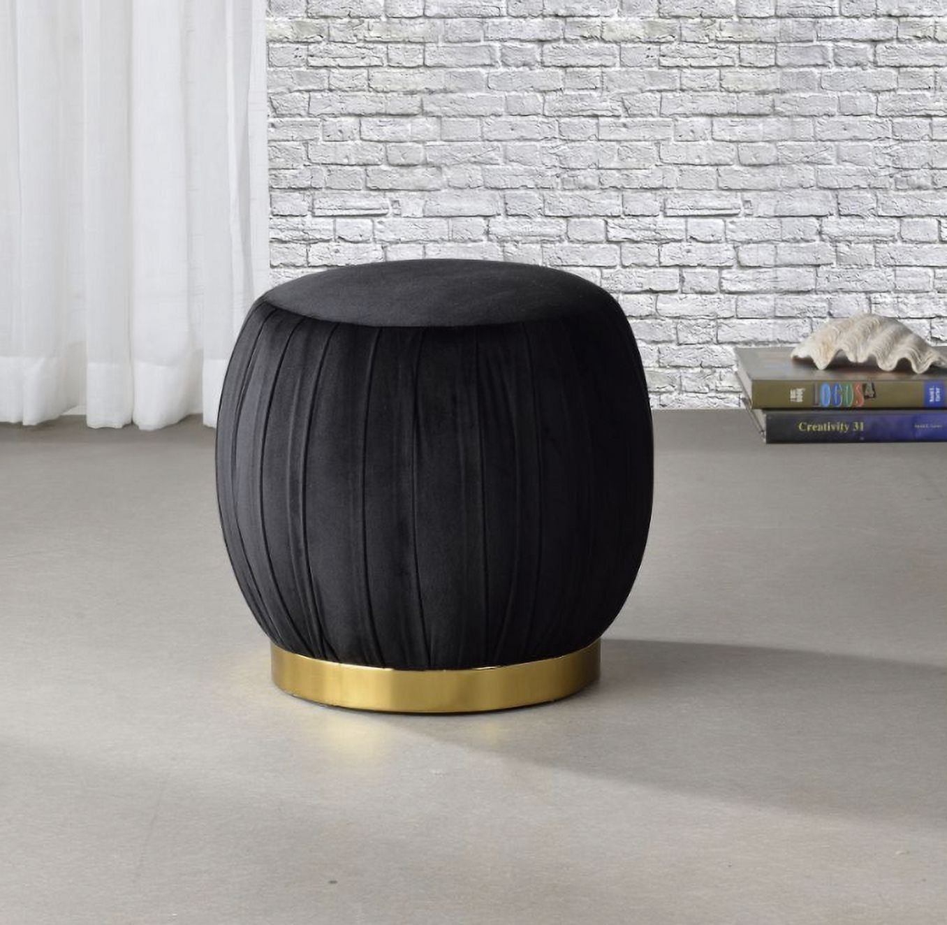 Meelano Luxe Round Black Velvet Ottoman with Gold Cylinder Base