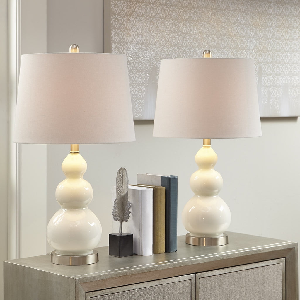 Set of 2 White Gourd Shape Table Lamps with Empire Shades