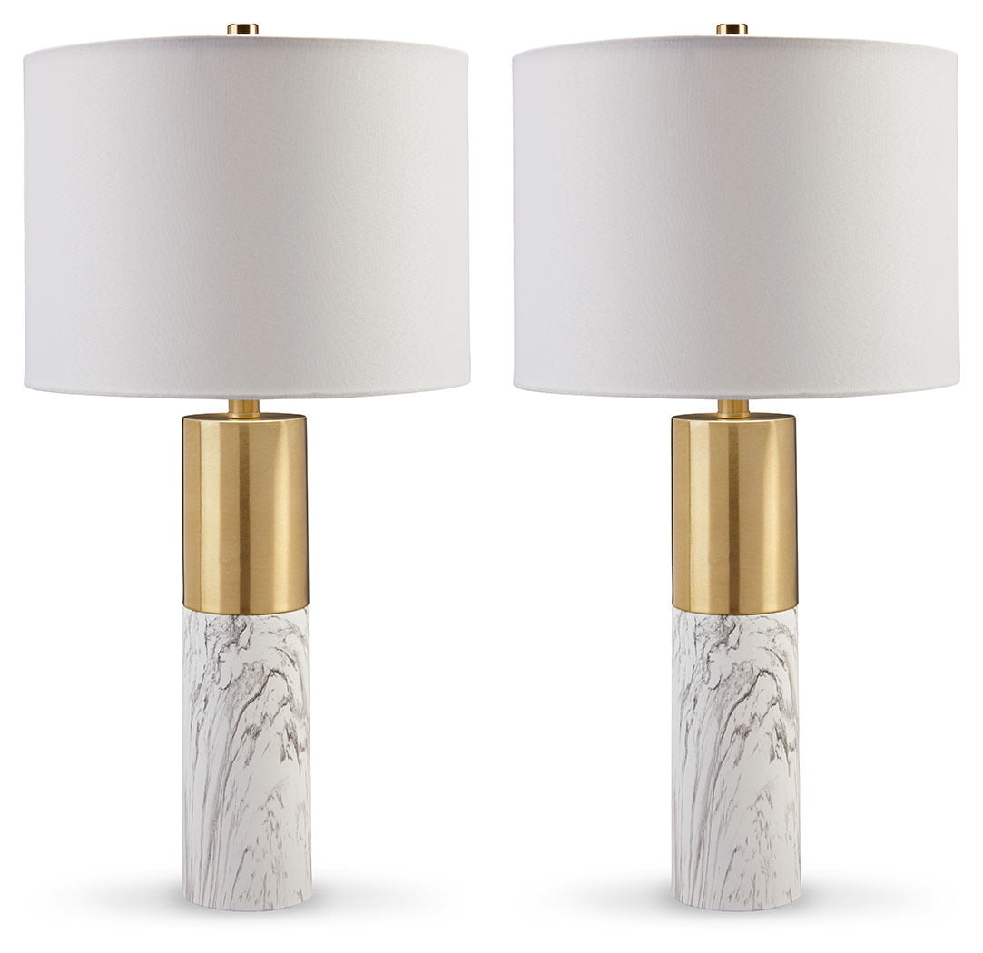 Gold and White Faux Marble Column Table Lamp Set