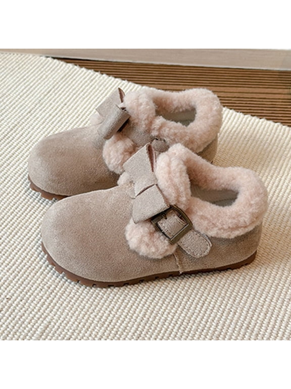 -AGirls Cute Bow Fuzzy-Collar Ankle Boots 2-11 Years, Maillard-Tone Lined Non- Warm Frosted Leather Boots, Autumn Winter Versatile Footwear(Light Gray,8)