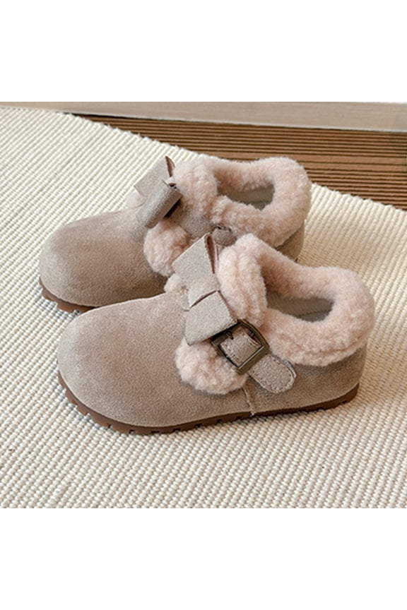 -AGirls Cute Bow Fuzzy-Collar Ankle Boots 2-11 Years, Maillard-Tone Lined Non- Warm Frosted Leather Boots, Autumn Winter Versatile Footwear(Light Gray,13)