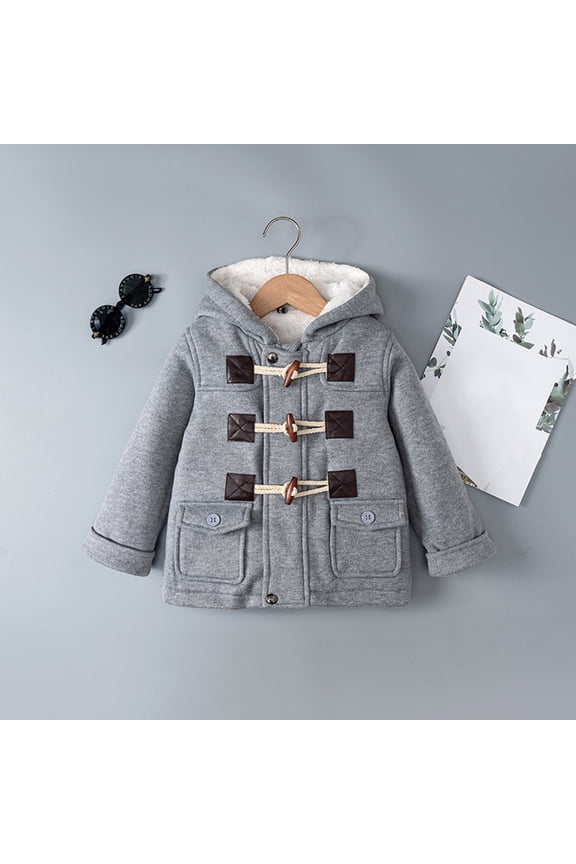 -Baby Duffle Coat with Hood & Toggle Buttons, Plush Soft Warm Winter Jacket for Toddler Boys & Girls, Boys Winter Coat Windproof Zipper Outerwear(Grey,3-4 Years)
