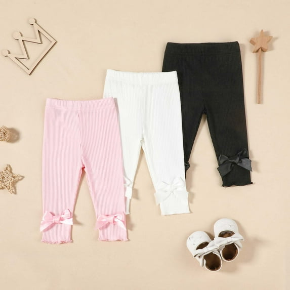 MAIHAN-Baby Girl High-Waist Ribbed Pants 3-Pack, Bow Detail Slim Knit Trousers, 6M-3Y Toddler Casual Pants, Fall/Winter Warm Pants, Machine-Washable(12-18Months)