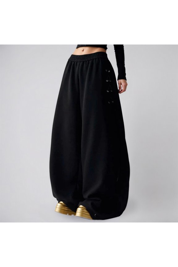 Baggy Sweatpants for Women Wide Leg Loose Joggers Pants Striped Cotton Drawstring Sweat Pants with Pockets(BlackE,M)