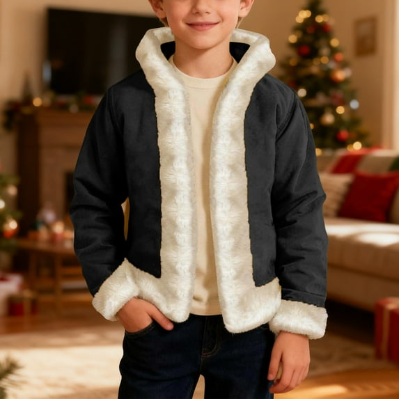 MAIHAN-Boy's Solid Color Winter Anorak Coat -Winter Hooded Cardigan, Christmas Warm Jacket, Christmas Hooded Cardigan Open Front Sweater(Black,11-12Years)