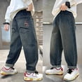 thumbnail image 1 of MAIHAN-Boys Baggy Cargo Jeans with Multiple Pockets | Wide Leg Denim Pants Elastic Waist | Loose Fit Casual Joggers for School, Play(Blue,5-6Years), 1 of 8