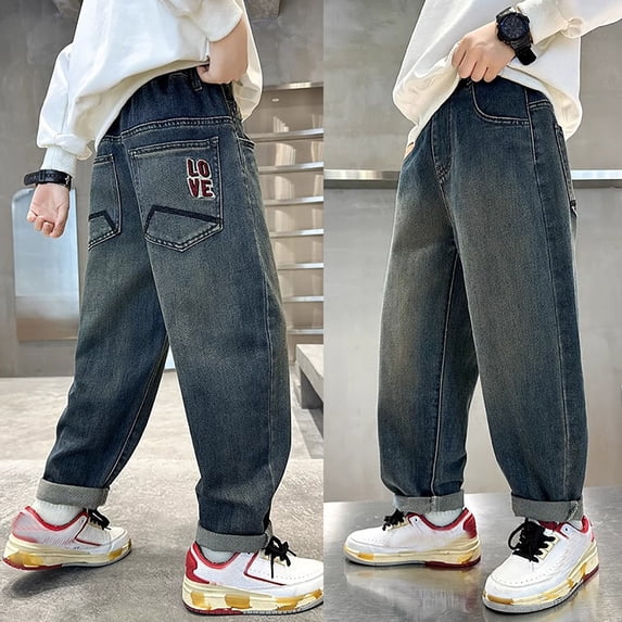 MAIHAN-Boys Baggy Cargo Jeans with Multiple Pockets | Wide Leg Denim Pants Elastic Waist | Loose Fit Casual Joggers for School, Play(Blue,5-6Years)