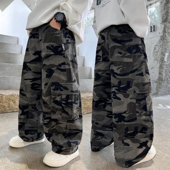 MAIHAN Boys Baggy Wide Leg Jeans Loose Fit Cargo Pants Streetwear Wide Leg Trousers for Kids Teenagers Comfortable Casual Long Pants(,6_7 Years)