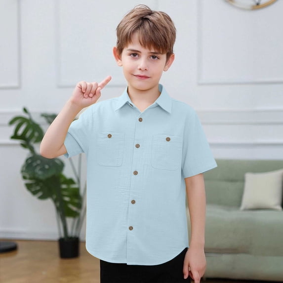 MAIHAN Boys Button Down Shirt Short Sleeve Cotton Woven Casual Top with 2 Pockets Kids Summer Lightweight School Daily Wear(Light Blue,9-10 Years)