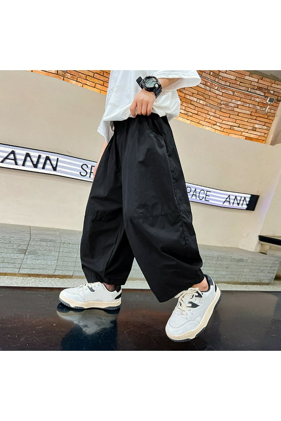 -Boys Casual Cargo Pants Loose Fit Canvas Nine-Inch Flare Trousers Breathable Summer Comfortable Solid Color Cropped Pants(Black,5-6Years)