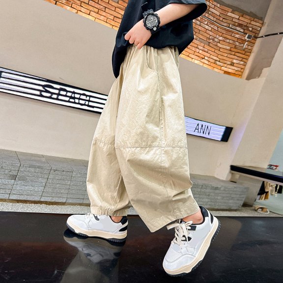 MAIHAN-Boys Casual Cargo Pants Loose Fit Canvas Nine-Inch Flare Trousers Breathable Summer Comfortable Solid Color Cropped Pants(Khaki,5-6Years)