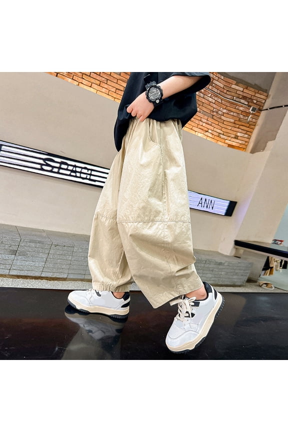 -Boys Casual Cargo Pants Loose Fit Canvas Nine-Inch Flare Trousers Breathable Summer Comfortable Solid Color Cropped Pants(Khaki,5-6Years)