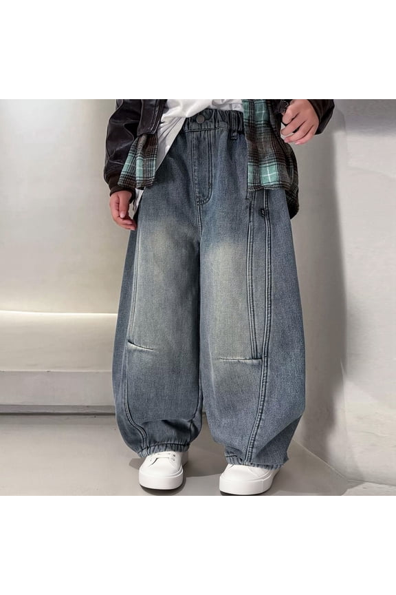 -Boys Fleece Lined Jeans - Winter Thermal Pants with Stretch Fit,Boys Straight Leg Baggy Jeans Kids Boys Elastic Waist Casual Loose Pull On Denim Pants with Pockets(Dark Blue,7-8Years)