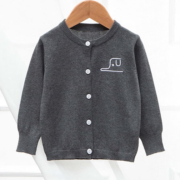 MAIHAN-Boys Girls Cartoon Embroidered Knit Sweater, Cotton Button Up Knit Long Sleeve Jacket Fall Tops, Soft Comfortable Casual Outerwear for Autumn Daily Wear(Grey,12-18Months)